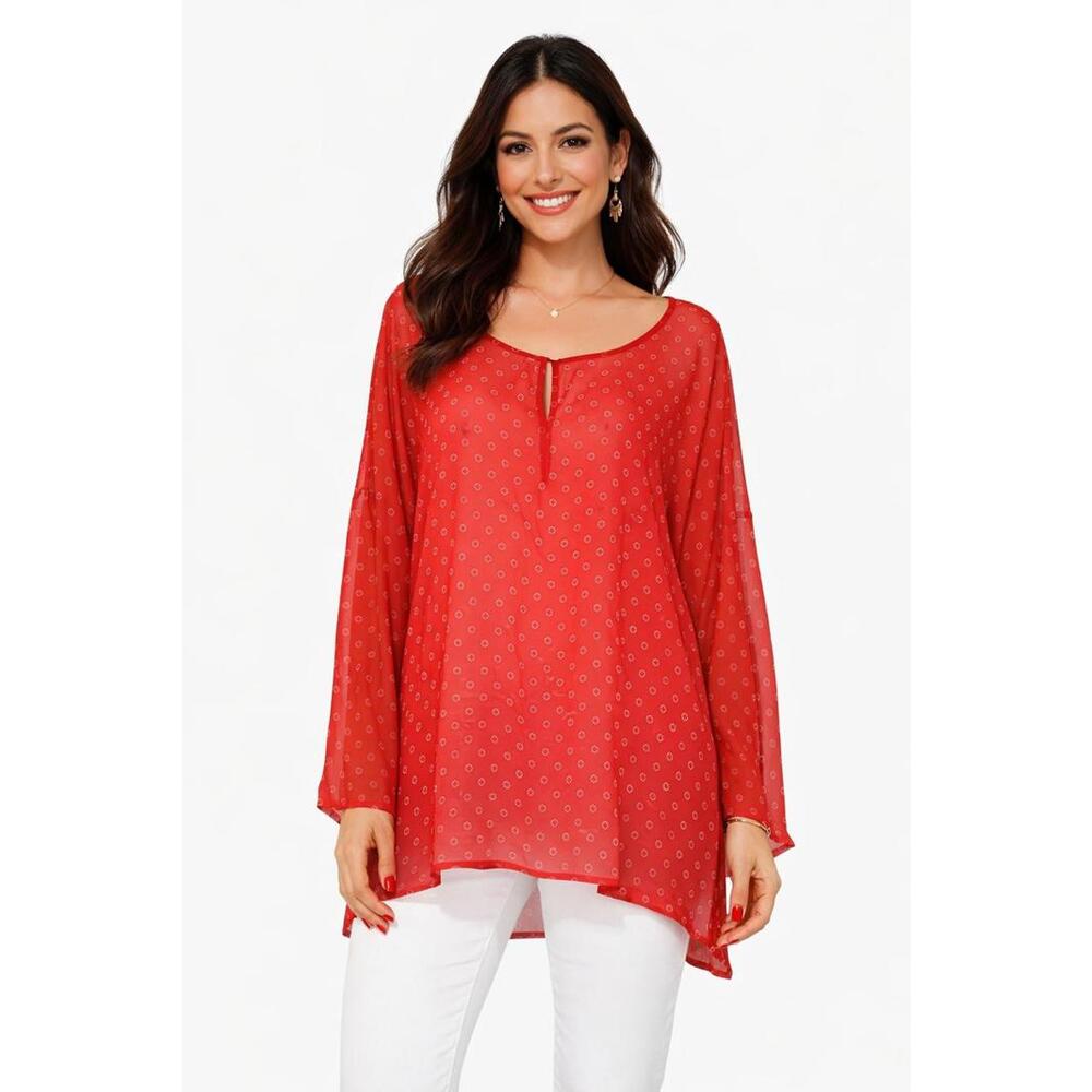 Old Navy Women's XXL Sheer Red & White Print Flowy Statement Hi/L o Hem Top